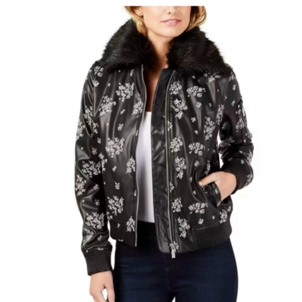 Michael Kors Womens Embroidered Bomber Jacket, Black, XS Removable Fur